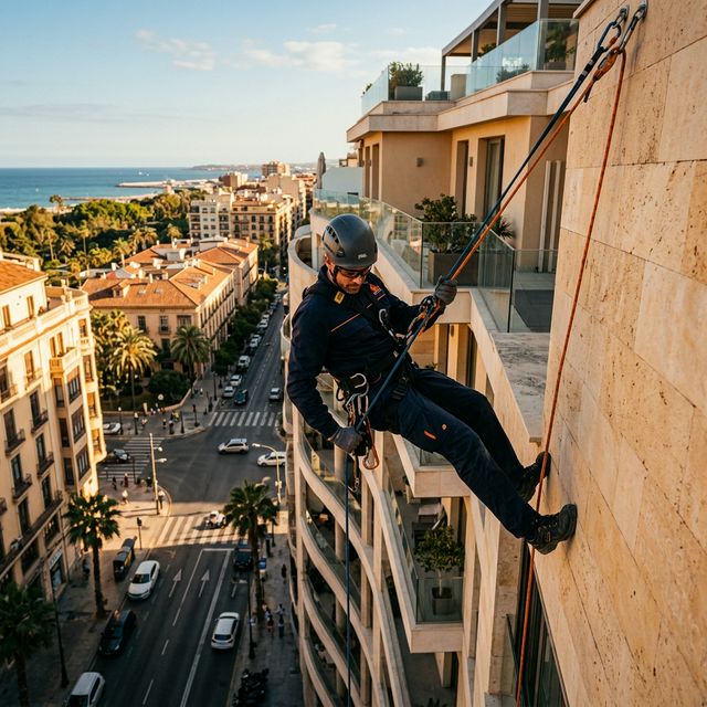 Técnico de Vertical Projects trabajando en fachada de edificio en Valencia